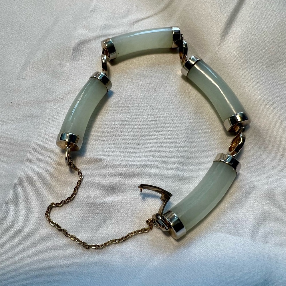 Chinese Light Green Jadeite Silver Links Bracelet 7” circumference.